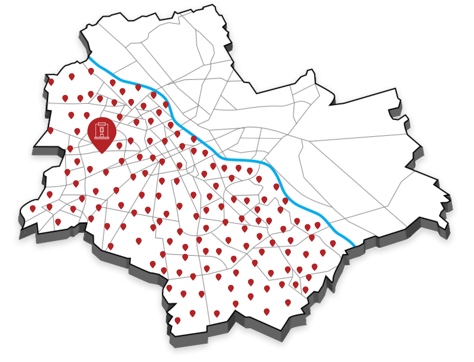 Mapa izometryczna Warszawy z zaznaczoną lokalizacją serwisu Kawa i Naprawa, a także wieloma punktami paczkomatów InPost po zachodniej stronie miasta